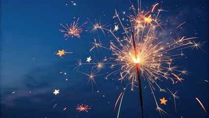 Fototapeta premium A burst of colorful sparks and stars exploding in the air on a dark blue background, design, motion, pattern, stars