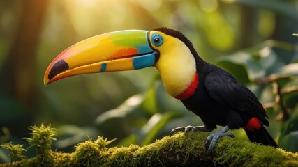 A colorful toucan perched on a mossy branch in a lush, vibrant forest setting.