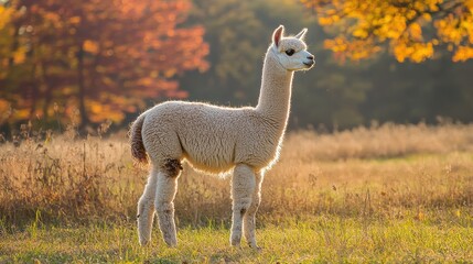 Fototapeta premium Alpaca in Autumn Field with Colorful Foliage