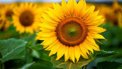 Vibrant close-up of a bright yellow sunflower in a field, showcasing its intricate details and pollen.  Ideal for nature, summer, and agriculture themes. Perfect for websites, blogs, or print media.