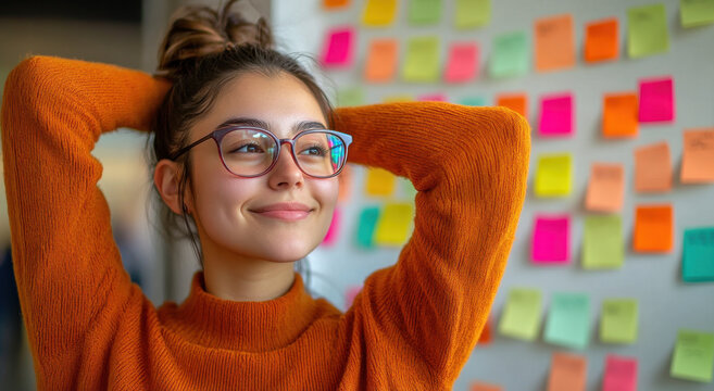 A girl with glasses is smiling while resting her hands behind her head, surrounded by a wall covered in vibrant sticky notes. Her warm orange sweater adds to the inviting atmosphere of the room.