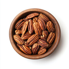 rustic wooden bowl filled with pecans, showcasing their rich texture and warm tones. Perfect for healthy snacking or culinary use