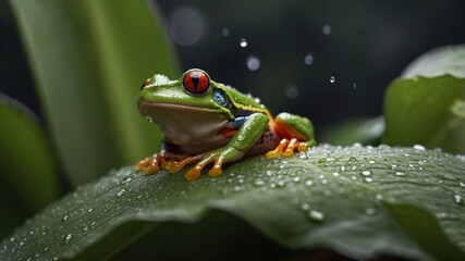 Fototapeta premium A vibrant red-eyed tree frog perched on a leaf with raindrops, showcasing nature's beauty.