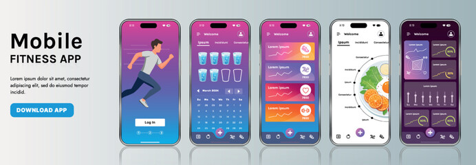 A sleek fitness app interface template featuring responsive design elements, including dashboards, charts, and statistics. Perfect for tracking health, weekly progress, and sports activities