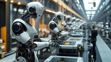 Fototapeta premium Robots on Assembly Line Automation Manufacturing Industry