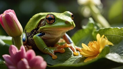 A vibrant green frog sits among colorful flowers and leaves, showcasing nature's beauty.