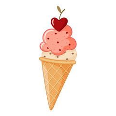 Ice cream in waffle cone with cherry doodle style. Hand drawn flat style cartoon isolated icon For web graphic design, poster, T-shirt, Greeting Card. Summer sweet food Vector flat illustration