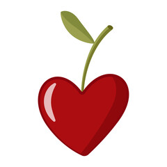 Cute heart shaped red cherry doodle style. Hand drawn Trendy flat style cartoon isolated icon. Bright cherry fruit for poster, T-shirt Print, Valentine’s Day Greeting Card. Vector illustration