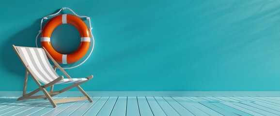 studio shot of lifebuoy ring with beach chair isolated on blue background