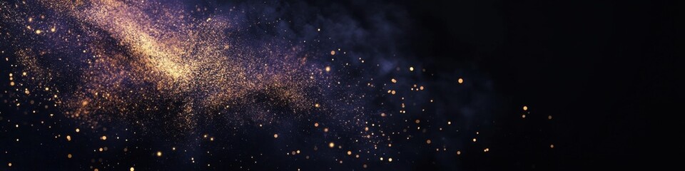 Fototapeta premium Glittering gold and purple particle explosion against dark background