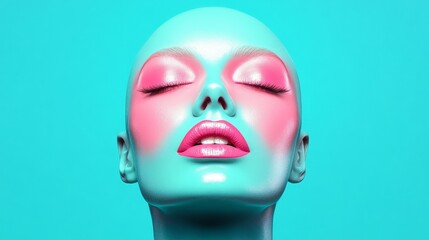 Serene Aqua Beauty: Close-up portrait of a model with vibrant, aqua-toned skin and soft pink makeup, eyes closed in peaceful serenity against a turquoise backdrop.