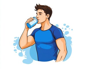 Young Man Drinking Water from a Blue Bottle, Fitness and Hydration