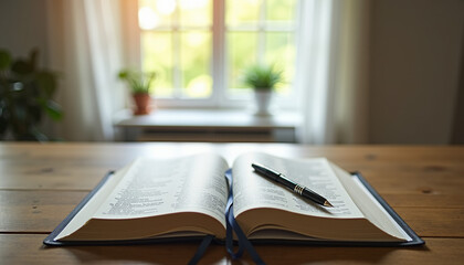 Holy Bible and notebook for study, practical and thoughtful mood, on clean wooden desk, bright light