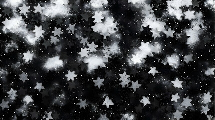 A black and white starry background with scattered star shapes and cloud-like textures.