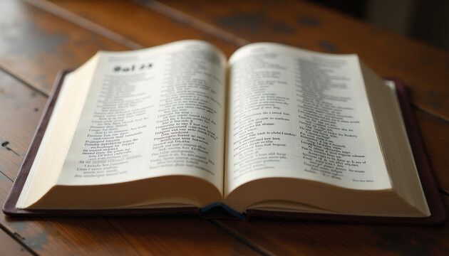 Holy Bible open to Psalm with highlighted verses, reverent and uplifting mood, on wooden table, soft light - Powered by Adobe