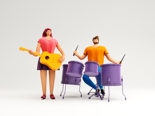 3D render, cartoon character of a cute young man isolated on white background. Young tall brunette, guy with beard wears fashionable clothes and listens to online music, books, podcasts in headphones.
