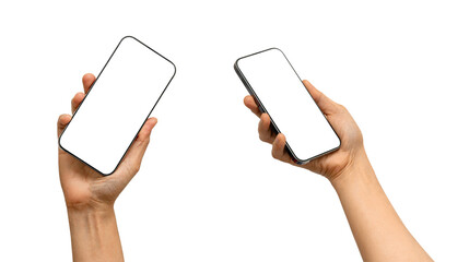 Asian woman holding smartphone in hand with blank screen isolated on white background.