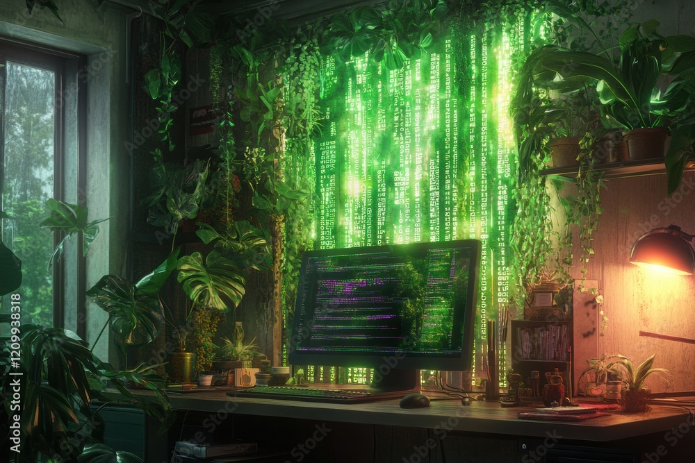 Poster a computer desk surrounded by greenery for a modern and sustainable workspace