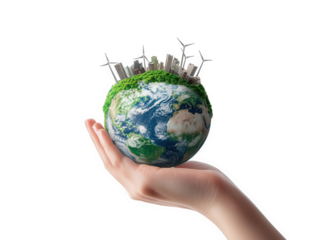 a hand holding a small. stylized globe featuring a vibrant earth with green foliage and urban structures. including wind turbines. symbolizing sustainability and environmental consciousness