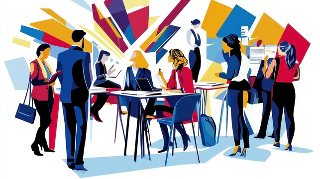 Job fair setting with recruiters and informational booths