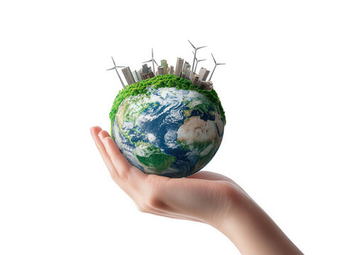a hand holding a small. stylized globe featuring a vibrant earth with green foliage and urban structures. including wind turbines. symbolizing sustainability and environmental consciousness