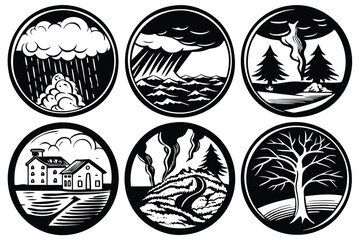 Hand-Drawn Disaster Illustration Set: Contour Sketches of Natural Calamities like Sandstorms, Droughts, and Heavy Rain