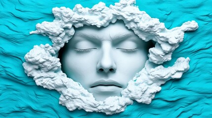 Serene Sculpted Face: A serene face emerges from a sculpted, cloud-like form, set against a vibrant...