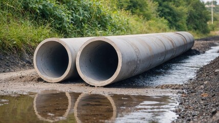two large concrete pipes lying on the ground, surrounded by lush green grass and reflecting in the water. The calm, industrial landscape 