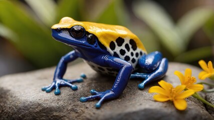 Fototapeta premium A vibrant blue and yellow frog perched on a rock surrounded by greenery and flowers.