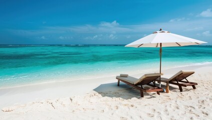 Fototapeta premium A beautiful and serene beach landscape, featuring multiple sun umbrella and have two wooden chairs each, clear blue sea and a bright blue sky