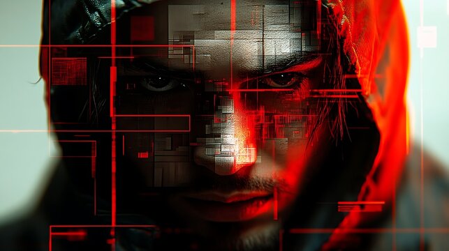 Cybersecurity Threat: A close-up portrait of a hooded figure with a determined expression, his face obscured by a digital grid of red lines, suggesting a menacing presence in the digital realm. 