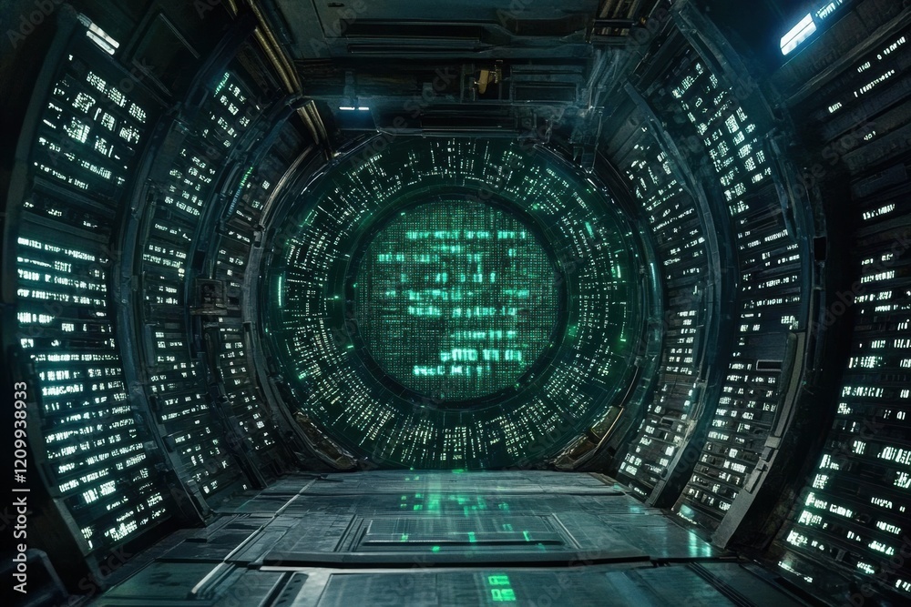 Fototapete A futuristic data center with a large circular display and rows of servers.