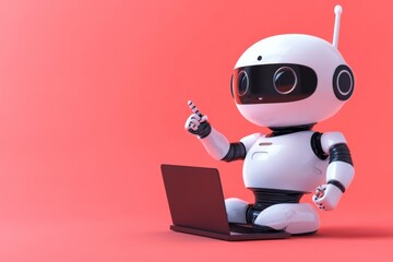 Fototapeta premium Cute Robot with Laptop on Pink Background