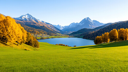 Autumn view of Engadin Valley with its lakes