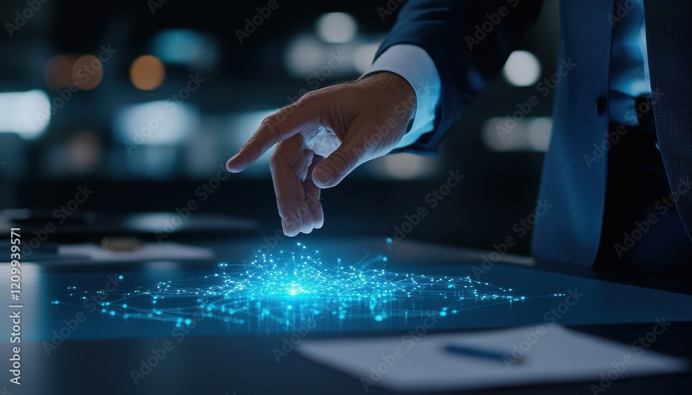 Aufkleber a hand interacting with glowing data network on a futuristic digital interface