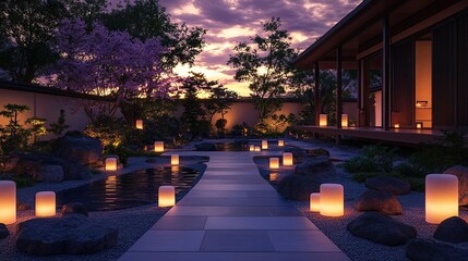 Obraz premium Zen garden , a peaceful scene illuminated a spiritual evening ritual 