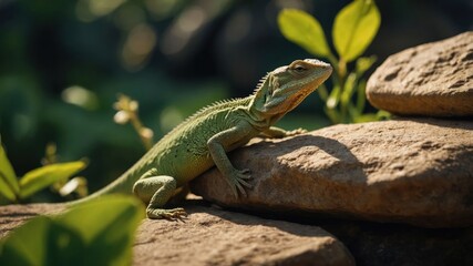 Fototapeta premium A green lizard resting on rocks surrounded by foliage in natural lighting.