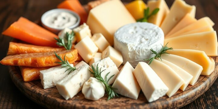 A plate of assorted fresh cheeses including cheddar and Roquefort, cheese, food