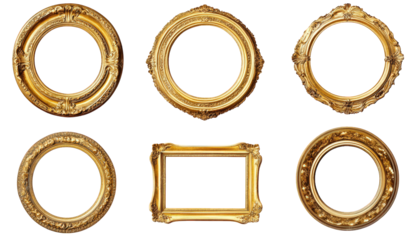 six ornate golden picture frames of various shapes and designs. showcasing intricate detailing these frames are empty. suggesting their purpose is to display artwork or photographs. adding elegance an
