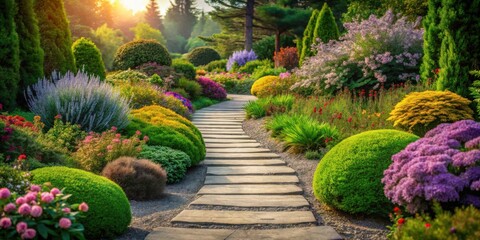 Serene Garden Path at Sunset A Winding Stone Walkway Through a Lush Landscape of Vibrant Blossoms and Evergreen Shrubs