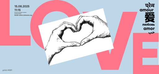 A pastel blue and pink Valentine's Day poster featuring sketched hands in a heart shape and 