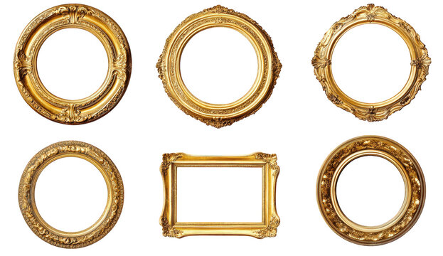 six ornate golden picture frames of various shapes and designs. showcasing intricate detailing these frames are empty. suggesting their purpose is to display artwork or photographs. adding elegance an