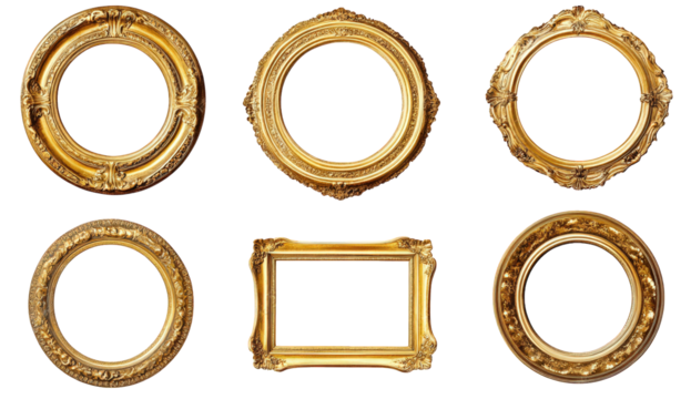 six ornate golden picture frames of various shapes and designs. showcasing intricate detailing these frames are empty. suggesting their purpose is to display artwork or photographs. adding elegance an