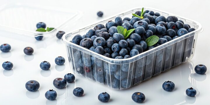 A plastic container filled with a handful of blueberries on a white surface, white surface, kitchen essentials, plastic container, kitchen organization, blueberries