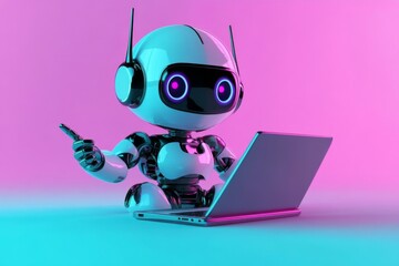 Cute Robot Working on Laptop