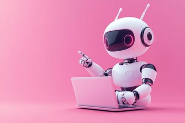 Naklejka premium Cute Robot Using Laptop