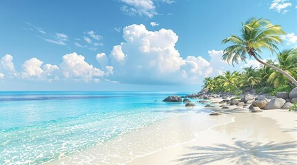 Fototapeta premium A peaceful scene of a calm sea lapping gently at the shore of a pristine white sand beach with clear blue waters on a sunny summer day., warm weather, pristine white sand, natural beauty