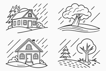 Hand-Drawn Disaster Illustration Set: Contour Sketches of Natural Calamities like Sandstorms, Droughts, and Heavy Rain