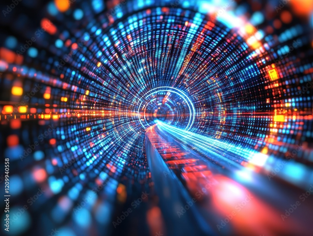 Aufkleber abstract digital tunnel of glowing particles and dynamic light streaks