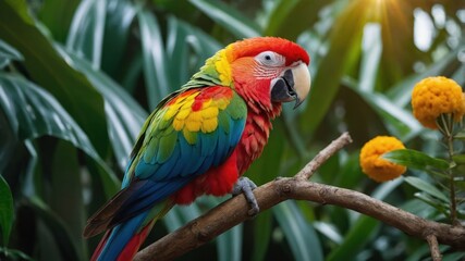 Fototapeta premium A vibrant parrot perched on a branch amidst lush greenery and bright flowers.